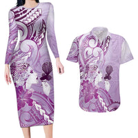 Aotearoa Maori Wahine Couples Matching Long Sleeve Bodycon Dress and Hawaiian Shirt Fantail Bird Purple Gold Marble