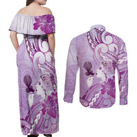 Aotearoa Maori Wahine Couples Matching Off Shoulder Maxi Dress and Long Sleeve Button Shirt Fantail Bird Purple Gold Marble LT05 - Polynesian Pride