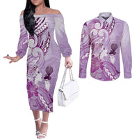 Aotearoa Maori Wahine Couples Matching Off The Shoulder Long Sleeve Dress and Long Sleeve Button Shirt Fantail Bird Purple Gold Marble