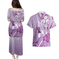 Aotearoa Maori Wahine Couples Matching Puletasi and Hawaiian Shirt Fantail Bird Purple Gold Marble