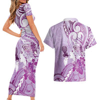 Aotearoa Maori Wahine Couples Matching Short Sleeve Bodycon Dress and Hawaiian Shirt Fantail Bird Purple Gold Marble