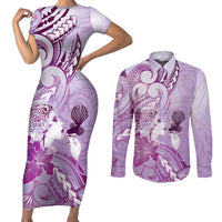 Aotearoa Maori Wahine Couples Matching Short Sleeve Bodycon Dress and Long Sleeve Button Shirt Fantail Bird Purple Gold Marble