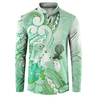 Aotearoa Maori Wahine Button Sweatshirt Fantail Bird Green Gold Marble LT05 Green - Polynesian Pride