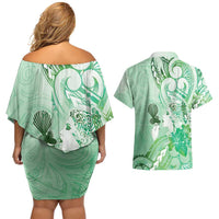 Aotearoa Maori Wahine Couples Matching Off Shoulder Short Dress and Hawaiian Shirt Fantail Bird Green Gold Marble
