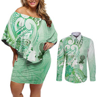 Aotearoa Maori Wahine Couples Matching Off Shoulder Short Dress and Long Sleeve Button Shirt Fantail Bird Green Gold Marble
