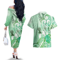 Aotearoa Maori Wahine Couples Matching Off The Shoulder Long Sleeve Dress and Hawaiian Shirt Fantail Bird Green Gold Marble