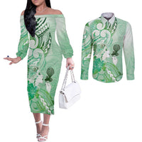 Aotearoa Maori Wahine Couples Matching Off The Shoulder Long Sleeve Dress and Long Sleeve Button Shirt Fantail Bird Green Gold Marble