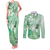 Aotearoa Maori Wahine Couples Matching Tank Maxi Dress and Long Sleeve Button Shirt Fantail Bird Green Gold Marble