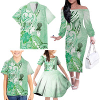 Aotearoa Maori Wahine Family Matching Off The Shoulder Long Sleeve Dress and Hawaiian Shirt Fantail Bird Green Gold Marble