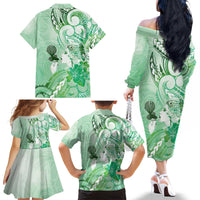 Aotearoa Maori Wahine Family Matching Off The Shoulder Long Sleeve Dress and Hawaiian Shirt Fantail Bird Green Gold Marble