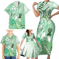 Aotearoa Maori Wahine Family Matching Short Sleeve Bodycon Dress and Hawaiian Shirt Fantail Bird Green Gold Marble