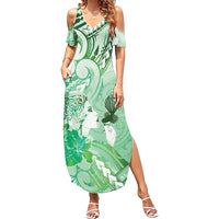 Aotearoa Maori Wahine Family Matching Summer Maxi Dress and Hawaiian Shirt Fantail Bird Green Gold Marble
