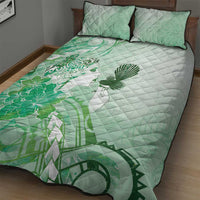 Aotearoa Maori Wahine Quilt Bed Set Fantail Bird Green Gold Marble