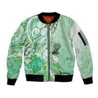 Aotearoa Maori Wahine Sleeve Zip Bomber Jacket Fantail Bird Green Gold Marble