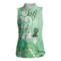 Aotearoa Maori Wahine Women Sleeveless Polo Shirt Fantail Bird Green Gold Marble