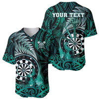 Personalised New Zealand Darts Baseball Jersey Maori Koru Dartboard Turquoise Flame