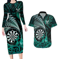 Personalised New Zealand Darts Couples Matching Long Sleeve Bodycon Dress and Hawaiian Shirt Maori Koru Dartboard Turquoise Flame