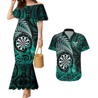 Personalised New Zealand Darts Couples Matching Mermaid Dress and Hawaiian Shirt Maori Koru Dartboard Turquoise Flame