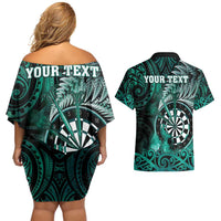 Personalised New Zealand Darts Couples Matching Off Shoulder Short Dress and Hawaiian Shirt Maori Koru Dartboard Turquoise Flame
