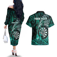 Personalised New Zealand Darts Couples Matching Off The Shoulder Long Sleeve Dress and Hawaiian Shirt Maori Koru Dartboard Turquoise Flame