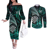 Personalised New Zealand Darts Couples Matching Off The Shoulder Long Sleeve Dress and Long Sleeve Button Shirt Maori Koru Dartboard Turquoise Flame