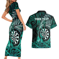 Personalised New Zealand Darts Couples Matching Short Sleeve Bodycon Dress and Hawaiian Shirt Maori Koru Dartboard Turquoise Flame