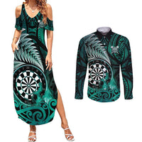 Personalised New Zealand Darts Couples Matching Summer Maxi Dress and Long Sleeve Button Shirt Maori Koru Dartboard Turquoise Flame