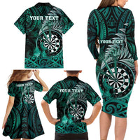 Personalised New Zealand Darts Family Matching Long Sleeve Bodycon Dress and Hawaiian Shirt Maori Koru Dartboard Turquoise Flame