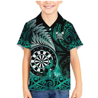 Personalised New Zealand Darts Family Matching Mermaid Dress and Hawaiian Shirt Maori Koru Dartboard Turquoise Flame