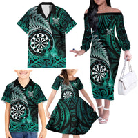 Personalised New Zealand Darts Family Matching Off The Shoulder Long Sleeve Dress and Hawaiian Shirt Maori Koru Dartboard Turquoise Flame