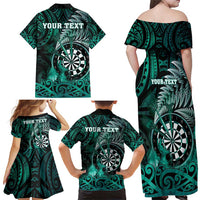 Personalised New Zealand Darts Family Matching Off Shoulder Maxi Dress and Hawaiian Shirt Maori Koru Dartboard Turquoise Flame