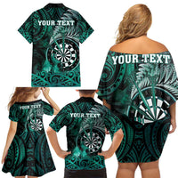 Personalised New Zealand Darts Family Matching Off Shoulder Short Dress and Hawaiian Shirt Maori Koru Dartboard Turquoise Flame