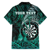 Personalised New Zealand Darts Family Matching Short Sleeve Bodycon Dress and Hawaiian Shirt Maori Koru Dartboard Turquoise Flame