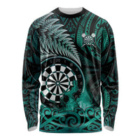 Personalised New Zealand Darts Long Sleeve Shirt Maori Koru Dartboard Turquoise Flame