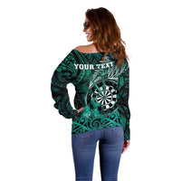 Personalised New Zealand Darts Off Shoulder Sweater Maori Koru Dartboard Turquoise Flame