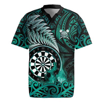 Personalised New Zealand Darts Rugby Jersey Maori Koru Dartboard Turquoise Flame