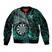 Personalised New Zealand Darts Sleeve Zip Bomber Jacket Maori Koru Dartboard Turquoise Flame