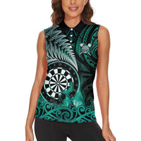 Personalised New Zealand Darts Women Sleeveless Polo Shirt Maori Koru Dartboard Turquoise Flame