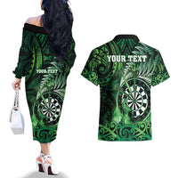 Personalised New Zealand Darts Couples Matching Off The Shoulder Long Sleeve Dress and Hawaiian Shirt Maori Koru Dartboard Green Flame