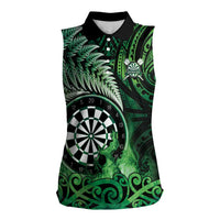 Personalised New Zealand Darts Women Sleeveless Polo Shirt Maori Koru Dartboard Green Flame