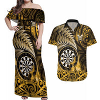 Personalised New Zealand Darts Couples Matching Off Shoulder Maxi Dress and Hawaiian Shirt Maori Koru Dartboard Gold Flame