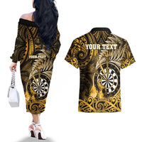 Personalised New Zealand Darts Couples Matching Off The Shoulder Long Sleeve Dress and Hawaiian Shirt Maori Koru Dartboard Gold Flame