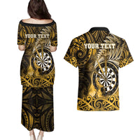 Personalised New Zealand Darts Couples Matching Puletasi and Hawaiian Shirt Maori Koru Dartboard Gold Flame