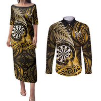 Personalised New Zealand Darts Couples Matching Puletasi and Long Sleeve Button Shirt Maori Koru Dartboard Gold Flame