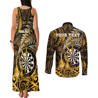 Personalised New Zealand Darts Couples Matching Tank Maxi Dress and Long Sleeve Button Shirt Maori Koru Dartboard Gold Flame
