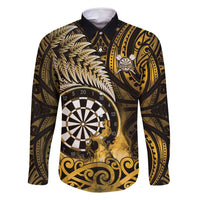 Personalised New Zealand Darts Family Matching Long Sleeve Bodycon Dress and Hawaiian Shirt Maori Koru Dartboard Gold Flame