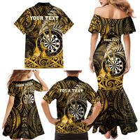 Personalised New Zealand Darts Family Matching Mermaid Dress and Hawaiian Shirt Maori Koru Dartboard Gold Flame