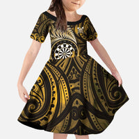 Personalised New Zealand Darts Family Matching Off The Shoulder Long Sleeve Dress and Hawaiian Shirt Maori Koru Dartboard Gold Flame