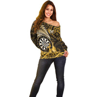 Personalised New Zealand Darts Off Shoulder Sweater Maori Koru Dartboard Gold Flame