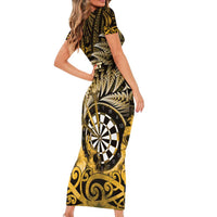 Personalised New Zealand Darts Short Sleeve Bodycon Dress Maori Koru Dartboard Gold Flame